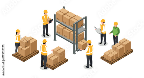 Warehouse workers organizing cardboard boxes on shelves in isometric style