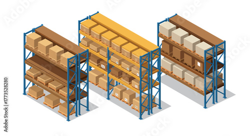 Isometric warehouse shelves with cardboard boxes on metal racks