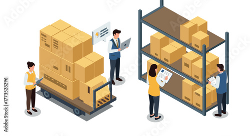 Isometric warehouse operations with workers organizing boxes and shelves