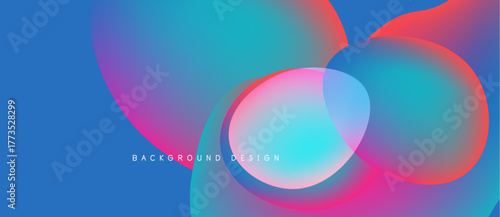 Abstract vibrant design features overlapping colorful circles. Gradient hues blend blues, pinks, purples creating dynamic visual effect. Modern background.