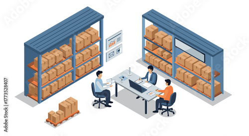 Isometric warehouse office design with team analyzing inventory in modern workspace