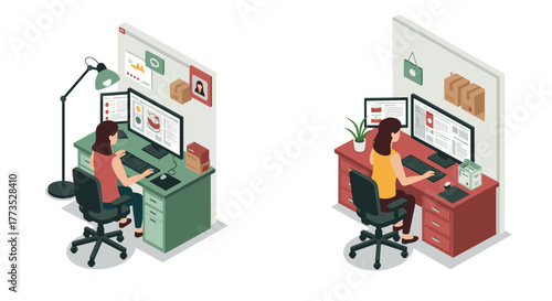 Home office setup with dual workstations in isometric view for remote work and productivity