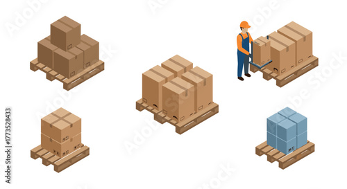 Isometric cardboard boxes on pallets with worker and hand truck