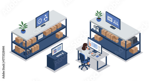 Isometric office setup for e-commerce and online retail management