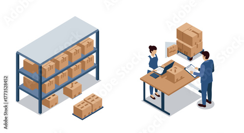 Isometric warehouse scene with workers managing inventory and storage