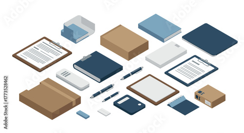 Isometric office supplies set featuring pens, notebooks, folders, and boxes