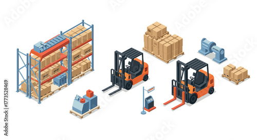 Isometric warehouse scene with forklifts and storage racks