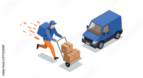 Fast delivery service with courier using hand truck and van in isometric style