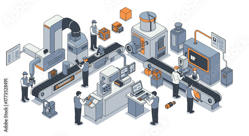 Automated factory isometric design with workers and machinery