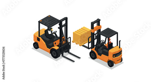 Modern isometric forklifts with pallet on white background