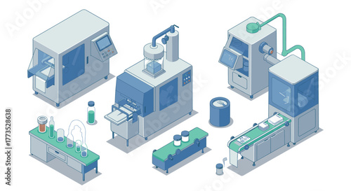 Isometric industrial machines set: modern equipment for manufacturing and laboratory processes