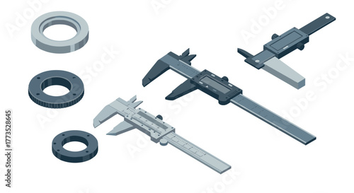 Isometric calipers and gears: precision engineering tools in grey scale