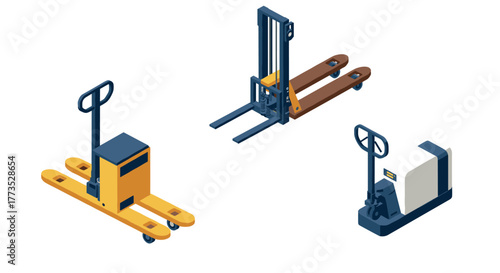 Isometric industrial equipment set: pallet jack, forklift, and hand truck in 3d design