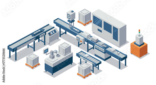 Isometric factory assembly line with conveyor system and automated machines
