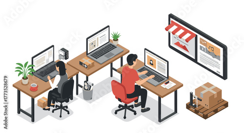 Modern isometric office workspace with online shopping concept