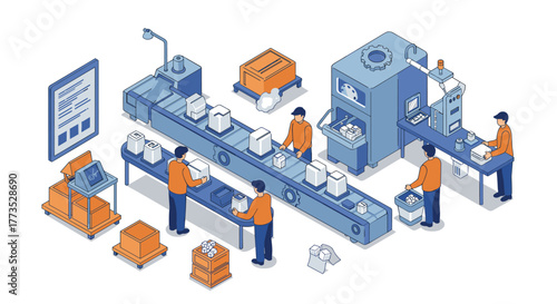 Modern isometric manufacturing process with workers on assembly line