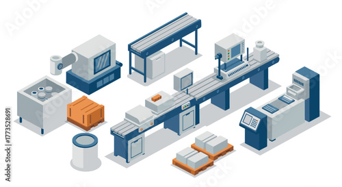 Isometric factory equipment and assembly line in modern manufacturing setup