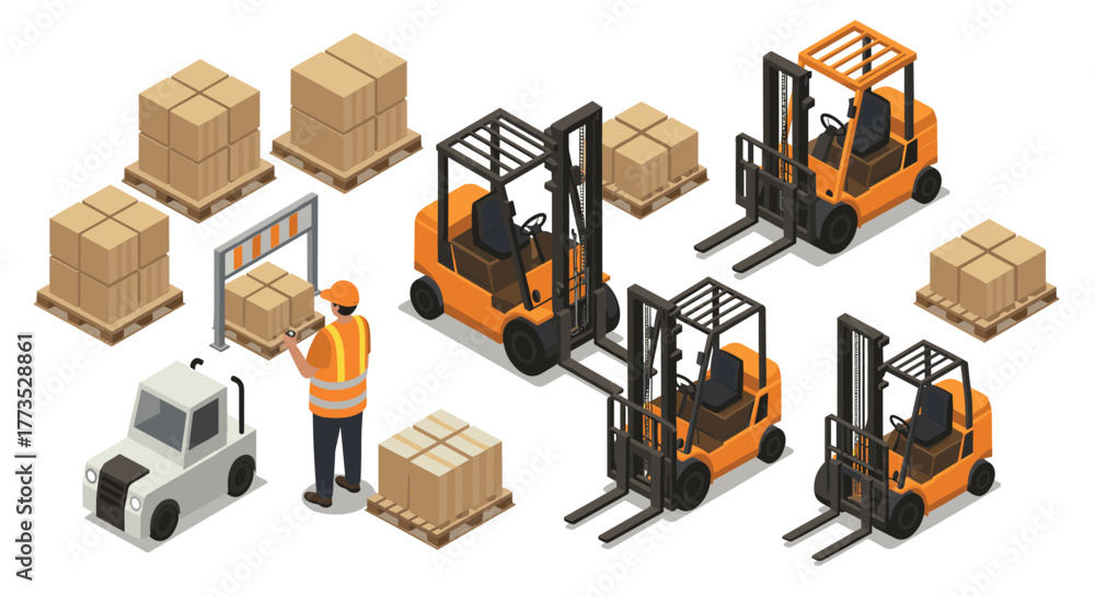 Obraz premium Logistics and warehouse equipment with forklifts, pallets, and worker in isometric style