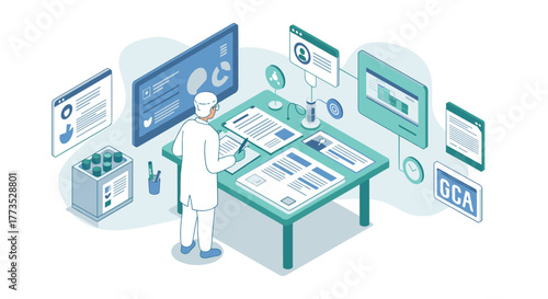 Scientist analyzing data in futuristic lab environment with digital interfaces