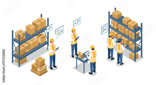 Warehouse logistics team managing inventory with digital devices in isometric style