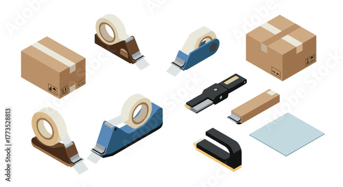 Isometric packing tools and box set with tape, cutter, and stapler for office use