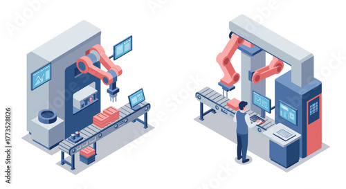 Modern isometric factory automation with robots and conveyor systems