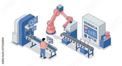 Automated factory isometric design with industrial robots and conveyor technology