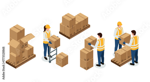 Warehouse workers handling cardboard boxes in isometric style