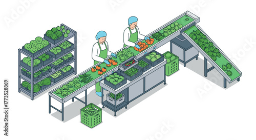 Isometric illustration of workers sorting vegetables on a conveyor belt in a modern food processing facility