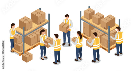 Warehouse teamwork: workers organizing boxes on shelves in isometric style