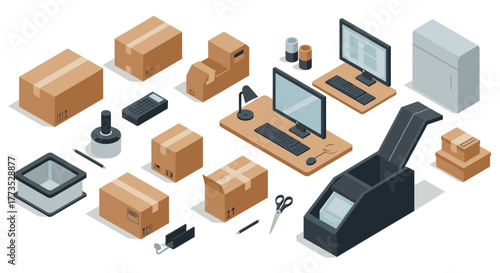 Isometric office supplies and packaging with computer equipment and cardboard boxes