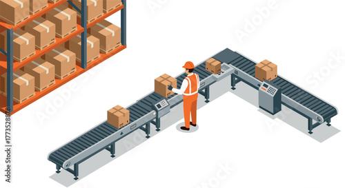 Isometric warehouse conveyor system with worker in hard hat managing packages