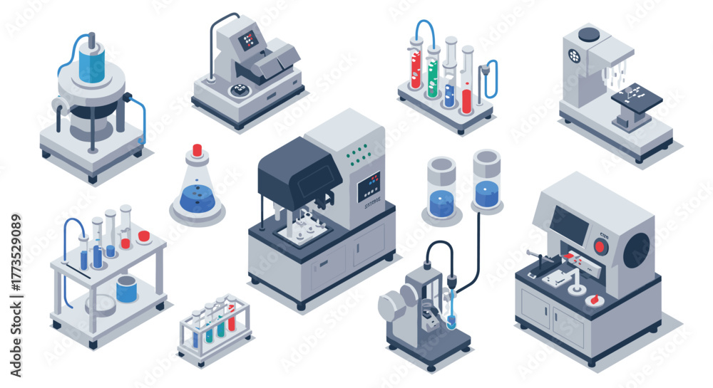 Fototapeta premium Advanced laboratory equipment in isometric design for scientific research concepts