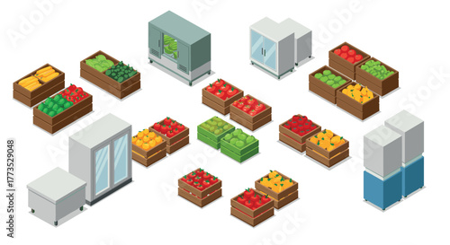 Isometric supermarket display with fresh fruits and vegetables in crates and refrigerators