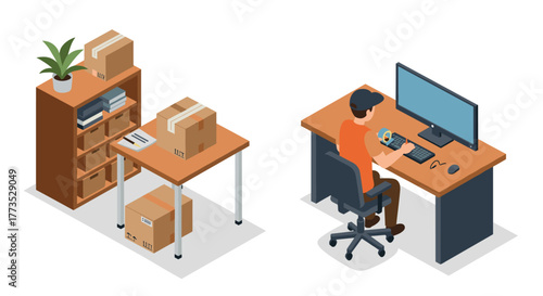 Isometric office workspace with employee and packing boxes
