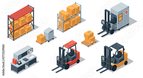 Isometric warehouse equipment and logistics set with forklifts and shelving