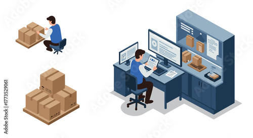 Isometric warehouse management: worker handling packages and inventory on computer screens