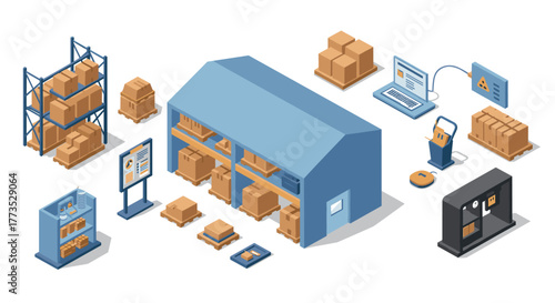 Isometric warehouse logistics with shelves, packages, and digital tools