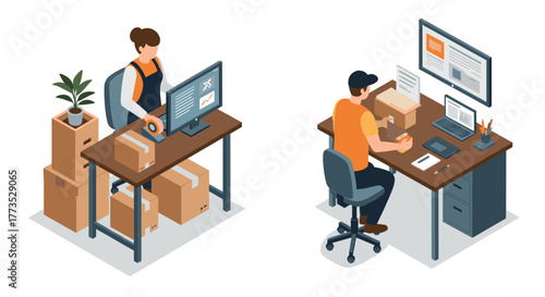 Isometric office workers packing and shipping parcels in modern workspace