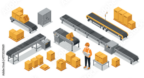 Modern isometric warehouse conveyor system for efficient package sorting and distribution