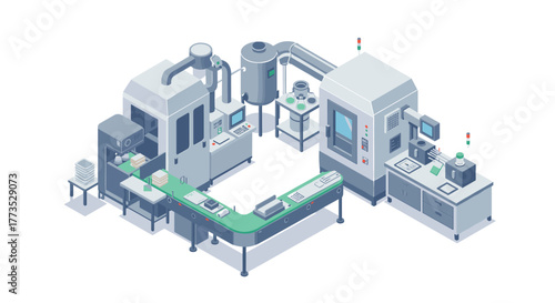 Modern isometric manufacturing conveyor system with robotics in a factory setting