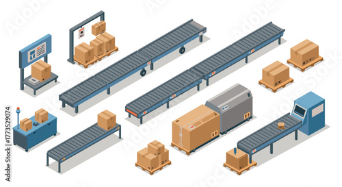 Isometric conveyor system with cardboard boxes for warehouse automation