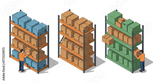 Warehouse worker organizing boxes on shelves in isometric style