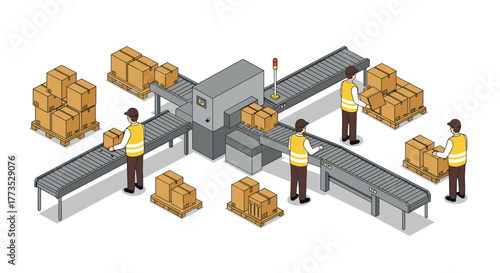Automated packaging system with workers on conveyor belts