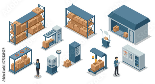 Modern warehouse isometric layout showcasing logistics and automation elements