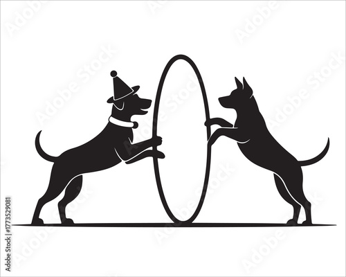 Black dog silhouettes playing with hoop in fun animal art style