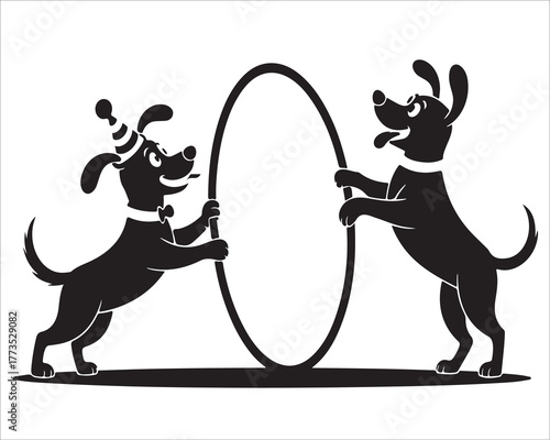 Vector silhouette of two playful dogs with hoop cartoon illustration