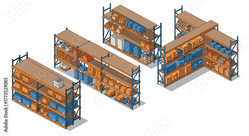 Isometric warehouse shelves packed with diverse storage boxes and supplies