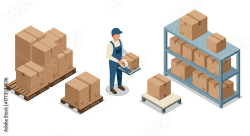 Warehouse packaging scene with worker and cardboard boxes in isometric style