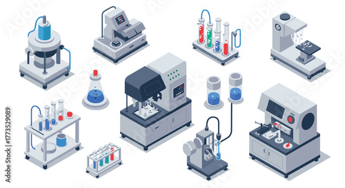 Advanced laboratory equipment in isometric design for scientific research concepts
